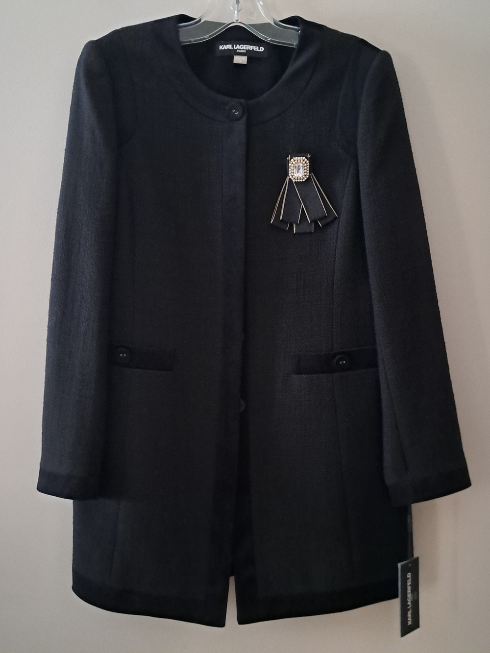 Karl Lagerfeld Black Long Women's Coat Jacket with Decorative Brooch